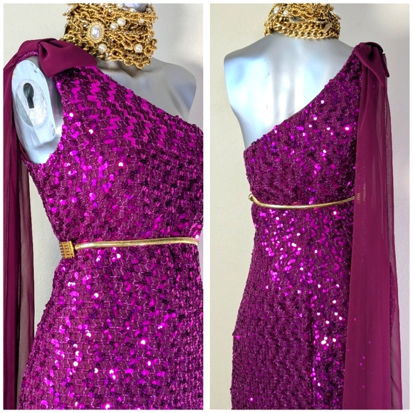 Off Shoulder Sequin Cocktail Evening Attached Chiffon Bow Side Split VTG Dress - Picture 8 of 12